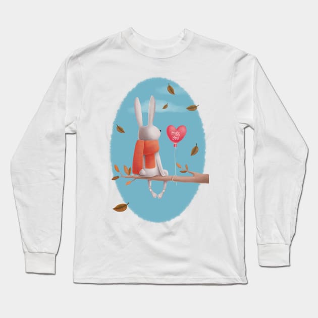 Miss you! Cute rabbit sitting in a tree thinking of his love in the autumn Long Sleeve T-Shirt by marina63